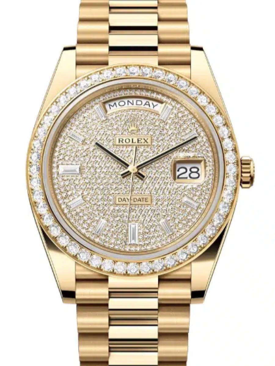 ロレックス デイデイト 228348rbr-0037 パヴェダイヤモンド入り宝石セッティングパヴェダイヤモンドダイアルに10ポイントのバゲットカットダイヤモンド オイスター、40 mm、イエローゴールド、ダイヤモンド 228348RBR メンズ　40ｍｍ　キャリバー 3255　パワーリザーブ 約70時間　プレジデントブレス(新品未使用)