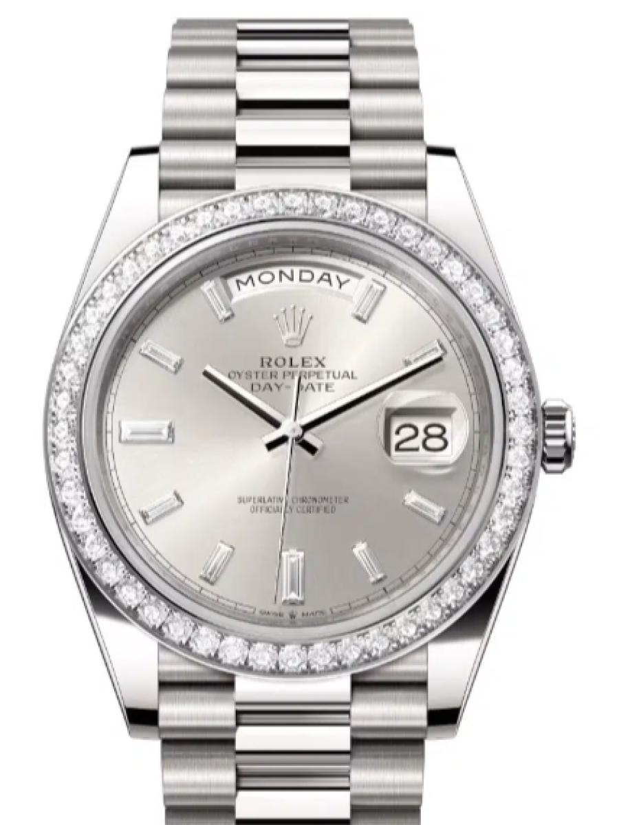 ロレックス デイデイト 228349rbr-0001 シルバー オイスター、40 mm、ホワイトゴールド、ダイヤモンド 228349RBR メンズ　40ｍｍ　キャリバー 3255　パワーリザーブ 約70時間　プレジデントブレス(新品未使用)