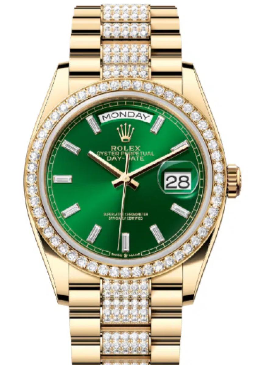 ロレックス デイデイト 128348rbr-0079 ブライトグリーン オイスター、36 mm、イエローゴールド、ダイヤモンド 128348RBR ユニセックス　36ｍｍ　キャリバー 3255　パワーリザーブ 約70時間　プレジデントブレス(新品未使用)