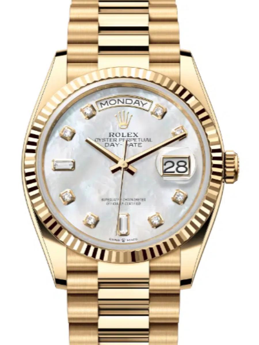 ロレックス デイデイト 128238-0011 マザーオブパール オイスター、36 mm、イエローゴールド 128238 ユニセックス　36ｍｍ　キャリバー 3255　パワーリザーブ 約70時間　プレジデントブレス(新品未使用)