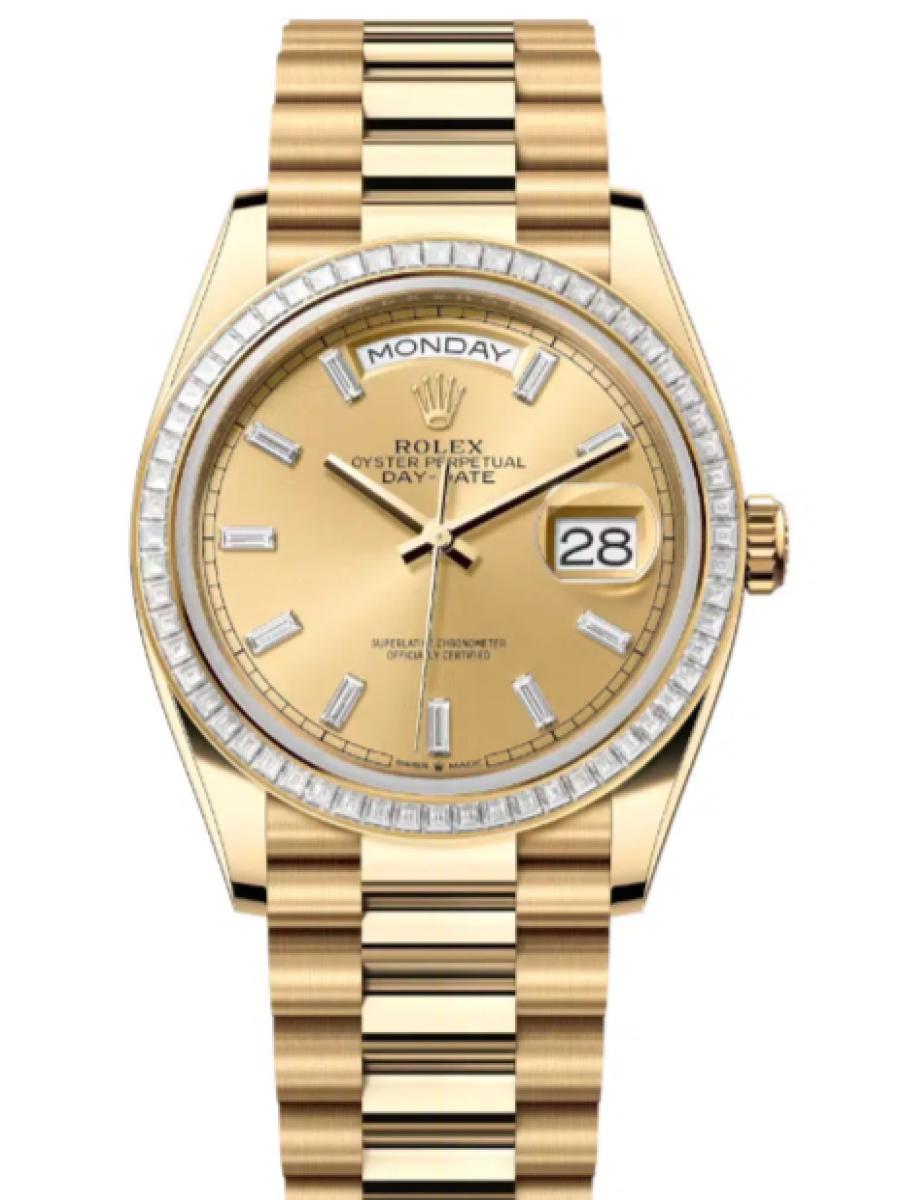 ロレックス デイデイト 128398tbr-0037 シャンパン オイスター、36 mm、イエローゴールド、ダイヤモンド 128398TBR ユニセックス　36ｍｍ　キャリバー 3255　パワーリザーブ 約70時間　プレジデントブレス(新品未使用)