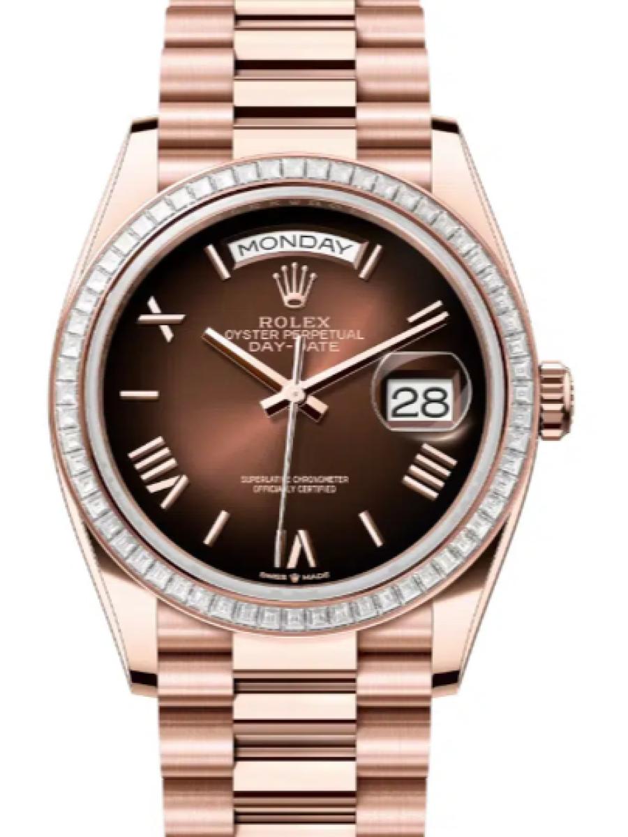 ロレックス デイデイト 128395tbr-0024 ブラウン オイスター、36 mm、エバーローズゴールド、ダイヤモンド 128395TBR ユニセックス　36ｍｍ　キャリバー 3255　パワーリザーブ 約70時間　プレジデントブレス(新品未使用)