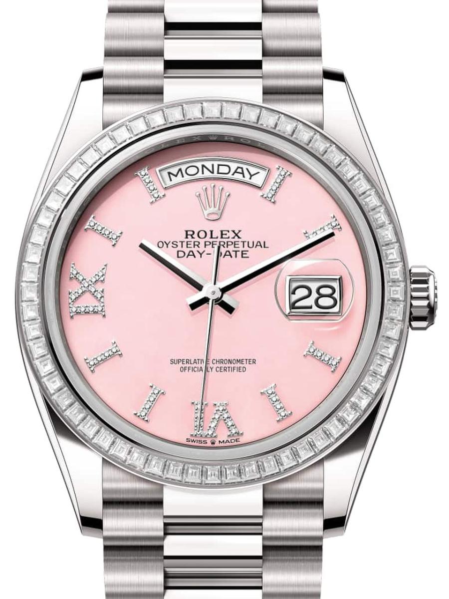 ロレックス デイデイト 128399tbr-0009 ピンク オイスター、36 mm、ホワイトゴールド、ダイヤモンド 128399TBR ユニセックス　36ｍｍ　キャリバー 3255　パワーリザーブ 約70時間　プレジデントブレス(新品未使用)