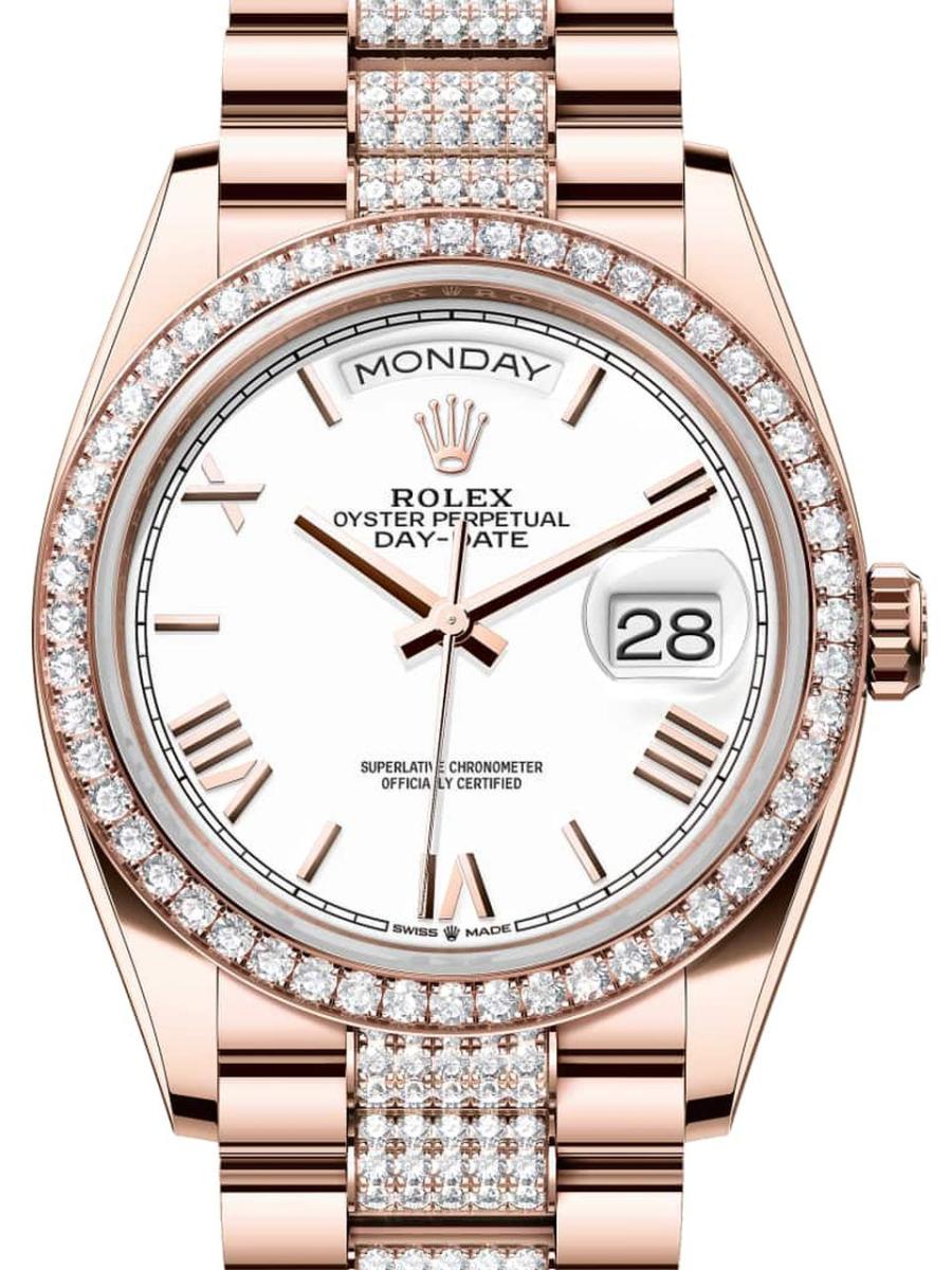 ロレックス デイデイト 128345rbr-0071 ホワイト オイスター、36 mm、エバーローズゴールド、ダイヤモンド 128345RBR ユニセックス　36ｍｍ　キャリバー 3255　パワーリザーブ 約70時間　プレジデントブレス(新品未使用)