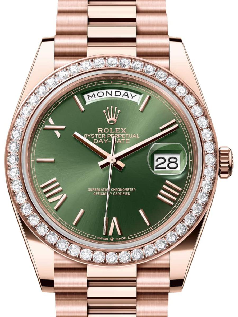 ロレックス デイデイト 228345rbr-0011 オリーブグリーン オイスター、40 mm、エバーローズゴールド、ダイヤモンド 228345RBR メンズ　40ｍｍ　キャリバー 3255　パワーリザーブ 約70時間　プレジデントブレス(新品未使用)