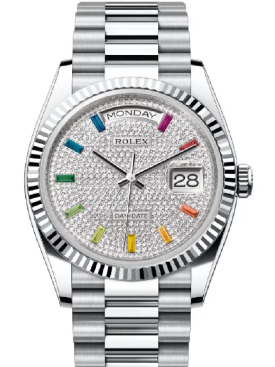 ロレックス デイデイト 128236-0003 パヴェダイヤモンド オイスター、36 mm、プラチナ 128236 ユニセックス　36ｍｍ　キャリバー 3255　パワーリザーブ 約70時間　プレジデントブレス(新品未使用)