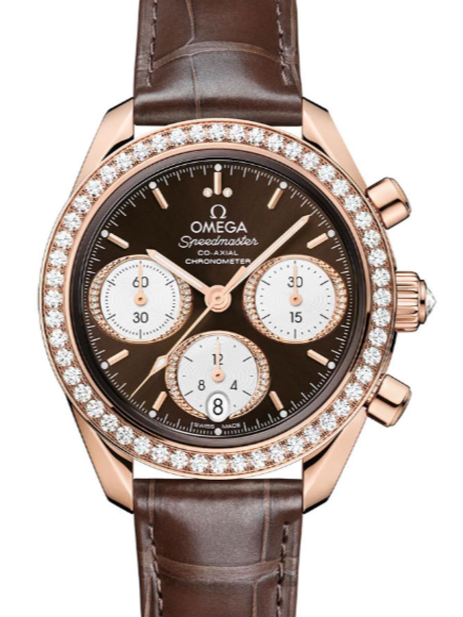 オメガ スピードマスター 324.58.38.50.63.001 ブラウン Speedmaster 38 mm, セドナゴールド アリゲーター クロノ　デイト表示 ユニセックス　38mm　キャリバー3330　パワーリザー﻿ブ 52時﻿間(新品未使用)