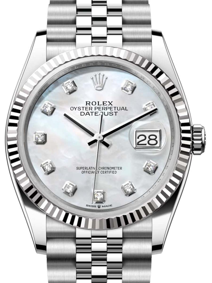 ロレックス デイトジャスト 126234-0019 マザーオブパール オイスター、36 mm、オイスタースチール＆ホワイトゴールド 126234 ユニセックス　36ｍｍ　キャリバー 3255　パワーリザーブ 約70時間　プレジデントブレスｍｍ(新品未使用)