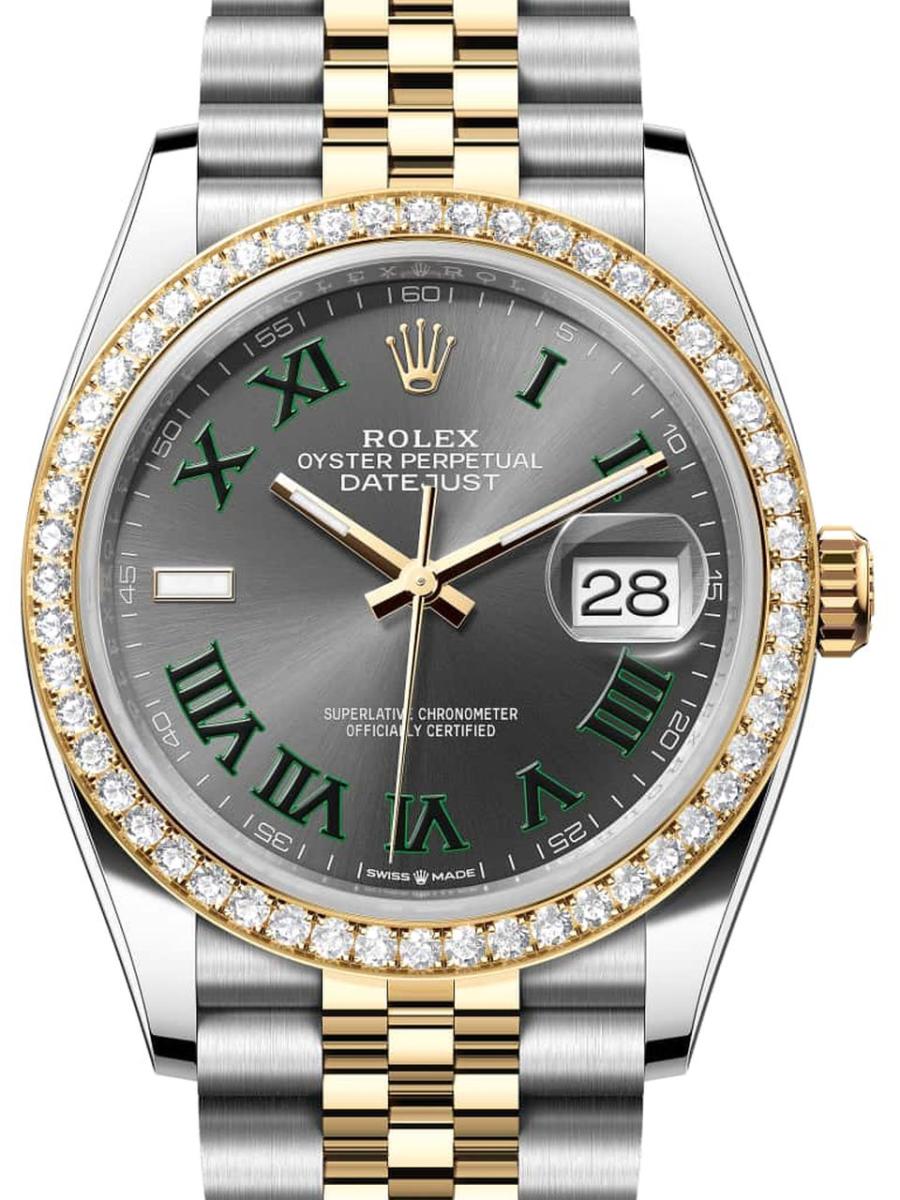 ロレックス デイトジャスト 126283rbr-0021 スレート オイスター、36 mm、オイスタースチール＆イエローゴールド、ダイヤモンド 126283RBR ユニセックス　36ｍｍ　キャリバー 3255　パワーリザーブ 約70時間　プレジデントブレス(新品未使用)