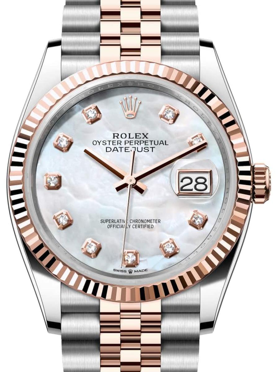 ロレックス デイトジャスト 126231-0021 マザーオブパール オイスター、36 mm、オイスタースチール＆エバーローズゴールド 126231 ユニセックス　36ｍｍ　キャリバー 3255　パワーリザーブ 約70時間　プレジデントブレス(新品未使用)