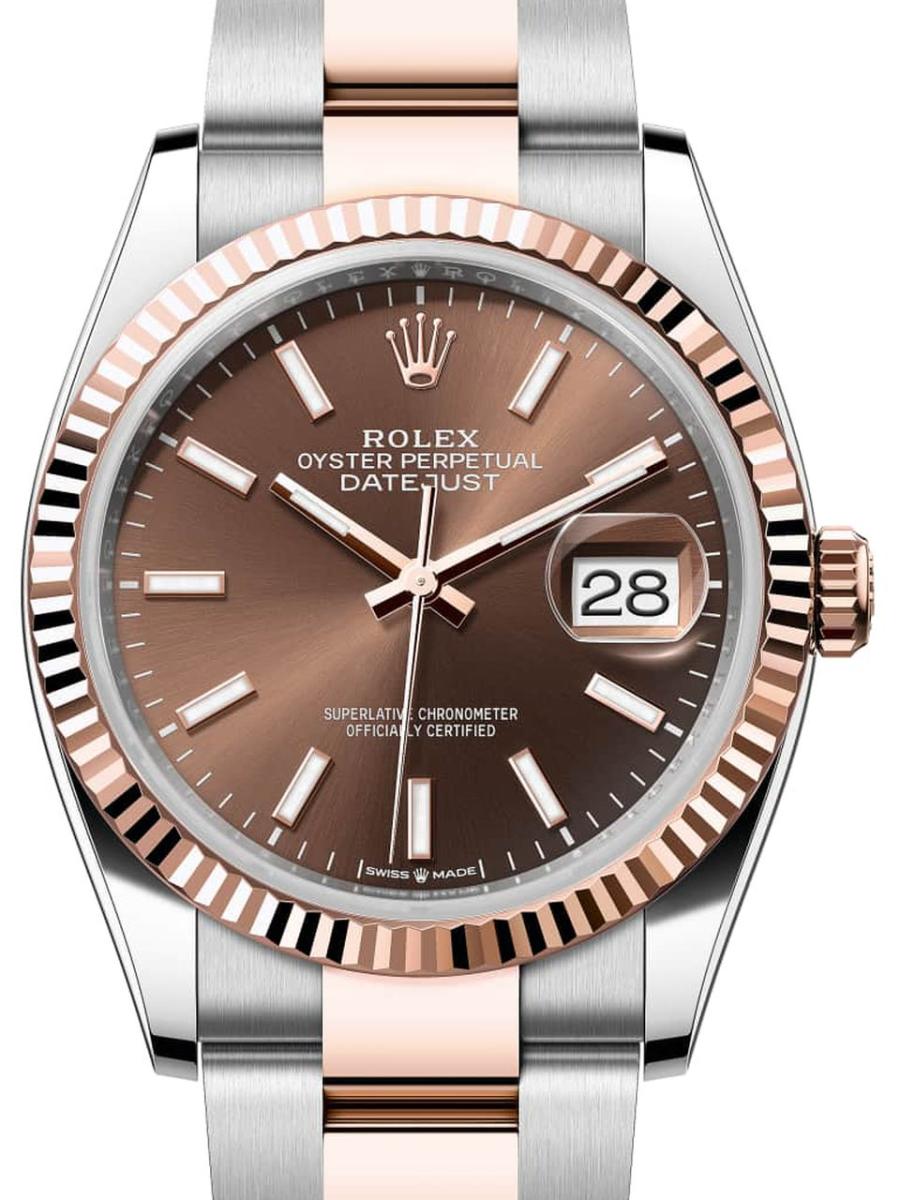 ロレックス デイトジャスト 126231-0044 チョコレート オイスター、36 mm、オイスタースチール＆エバーローズゴールド 126231 ユニセックス　36ｍｍ　キャリバー 3255　パワーリザーブ 約70時間　プレジデントブレス(新品未使用)