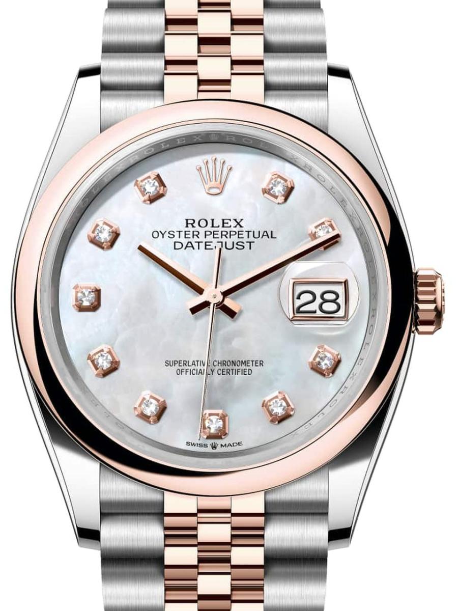 ロレックス デイトジャスト 126201-0021 マザーオブパール オイスター、36 mm、オイスタースチール＆エバーローズゴールド 126201 ユニセックス　36ｍｍ　キャリバー 3255　パワーリザーブ 約70時間　プレジデントブレス(新品未使用)