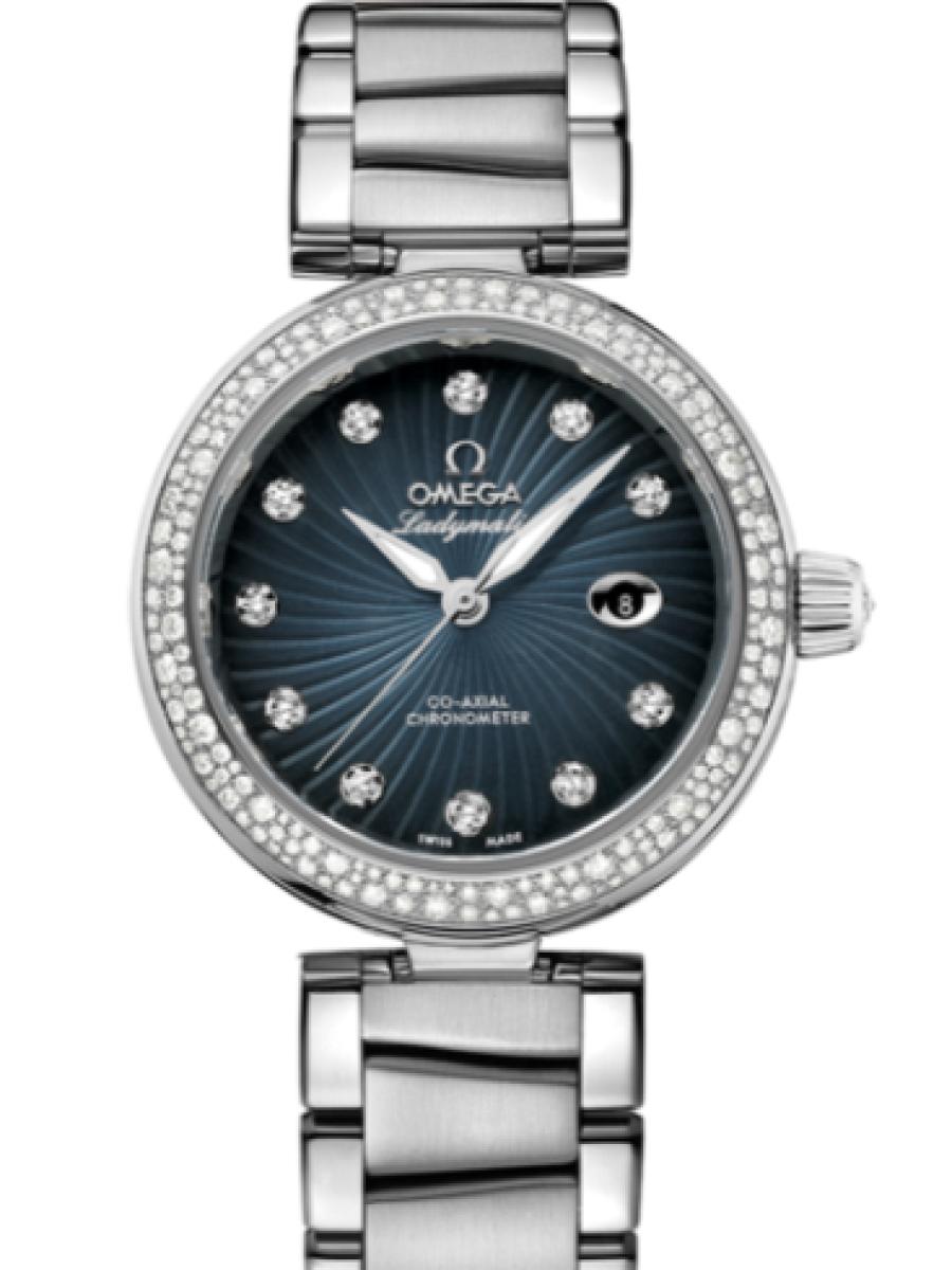 オメガ デ・ビル 425.35.34.20.56.001 ブルー Ladymatic　ブルーダイヤル　グラデーション　ダイヤインデックス　ダイヤベゼル レディース　メンズ　34mm　パワーリザー﻿ブ 50時﻿間　キャリバ﻿ー オメガ 852﻿0(新品未使用)