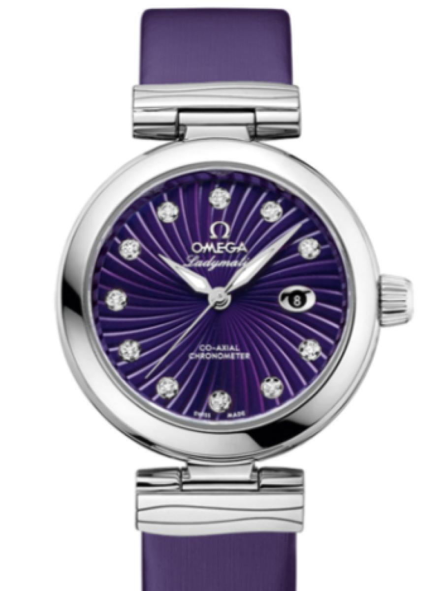 オメガ デ・ビル 425.32.34.20.60.001 バイオレット Ladymatic　パープルダイヤル　ダイヤインデックス　デイト表示 レディース　メンズ　34mm　 バイオレッ﻿ト　サテン仕上げグレインカーフレザ﻿ー(新品未使用)