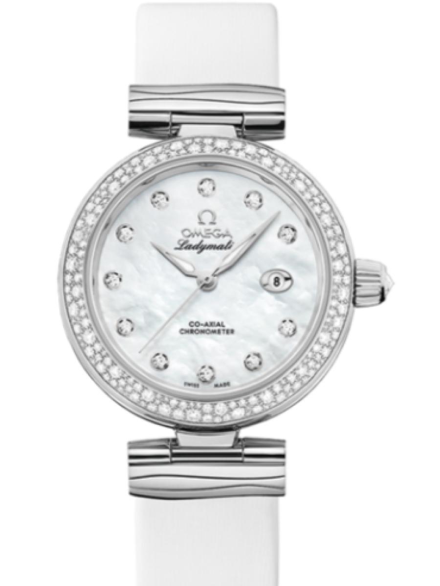 オメガ デ・ビル 425.37.34.20.55.002 ホワイトマザーオブパール Ladymatic マザーオブパール　ダイヤインデックス　ダイヤベゼル　デイト表示 レディース　34mm　キャリバ﻿ー オメガ 852﻿0　パワーリザー﻿ブ 50時﻿間　レザーベルト(新品未使用)