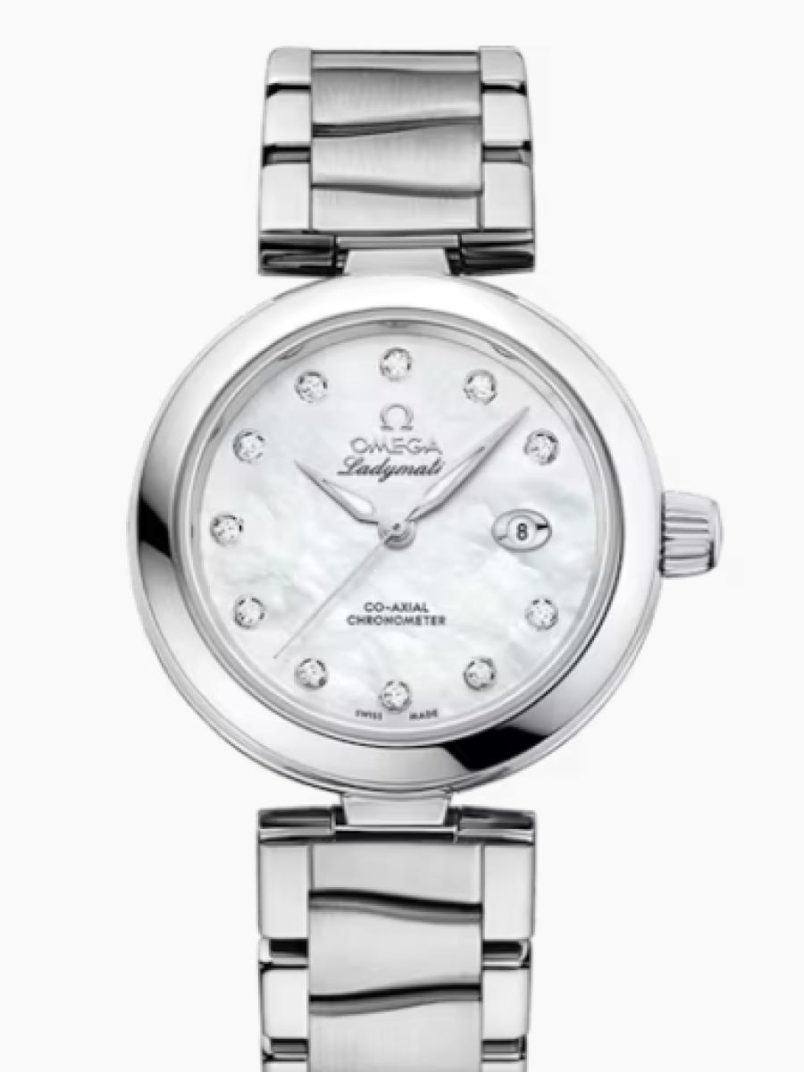 オメガ デ・ビル 425.30.34.20.55.002 ホワイト Ladymatic ダイヤインデックス　マザーオブパール　デイト表示 レディース　34mm　キャリバ﻿ー オメガ 852﻿0　パワーリザー﻿ブ 50時﻿間(新品未使用)