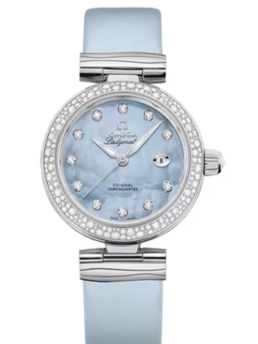 オメガ デ・ビル 425.37.34.20.57.003 ブルーマザーオブパール Ladymatic マザーオブパール　ダイヤインデックス　ダイヤベゼル レディース　34mm　キャリバ﻿ー オメガ 852﻿0　パワーリザー﻿ブ 50時﻿間(新品未使用)
