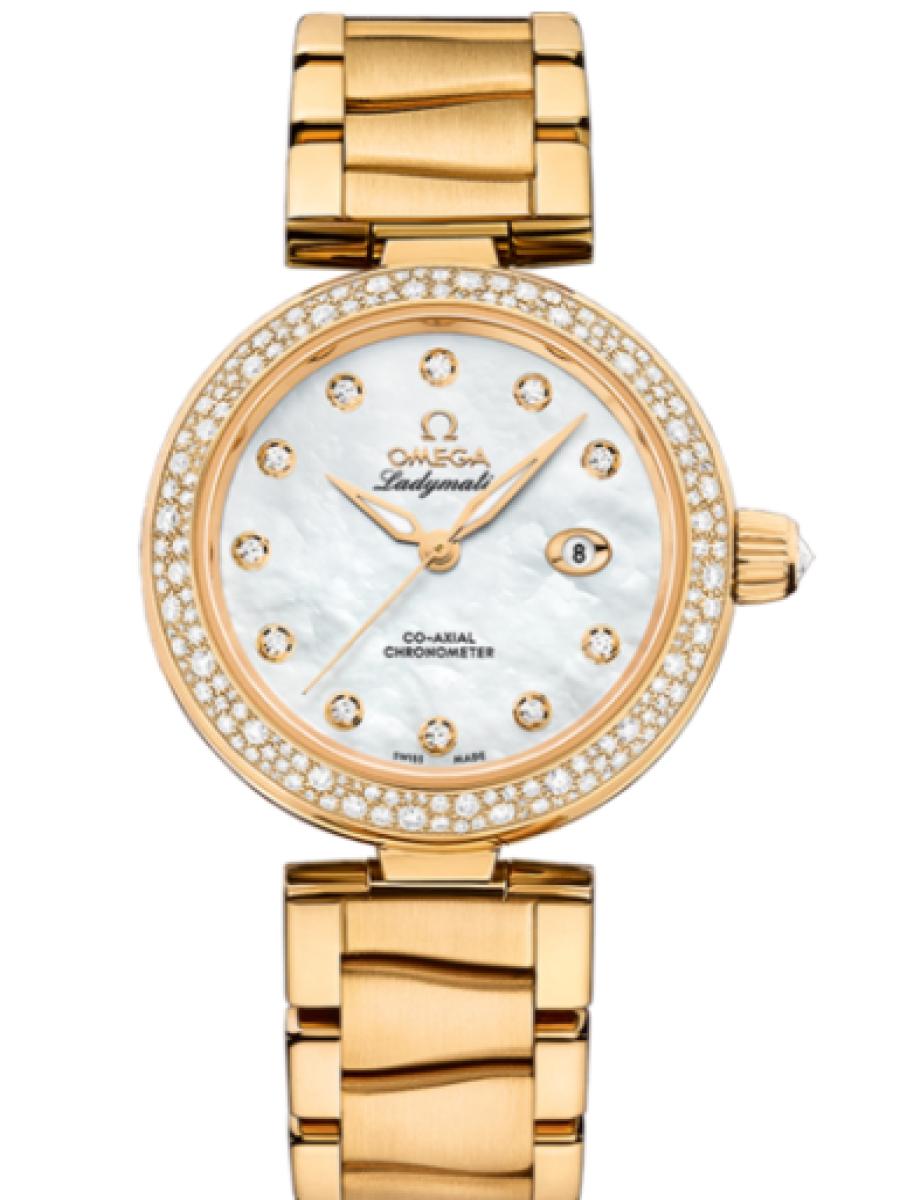 オメガ デ・ビル 425.65.34.20.55.009 ホワイトマザーオブパール Ladymatic ダイヤベゼル　ダイヤインデックス　マザーオブパール　デイト表示 レディース　34mm　キャリバ﻿ー オメガ 852﻿1　パワーリザー﻿ブ 50時﻿間(新品未使用)