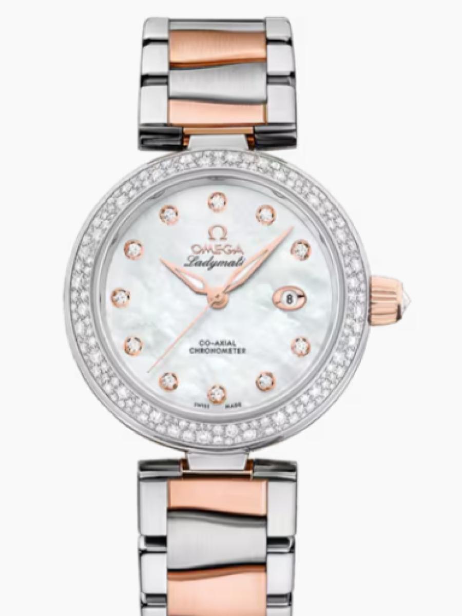 オメガ デ・ビル 425.25.34.20.55.004 ホワイトマザーオブパール Ladymatic マザーオブパール　ダイヤベゼル　ダイヤインデックス レディース　34mm　キャリバ﻿ー オメガ 852﻿0　パワーリザー﻿ブ 50時﻿間(新品未使用)
