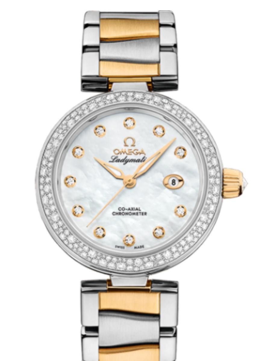 オメガ デ・ビル 425.25.34.20.55.003 ホワイトマザーオブパール Ladymatic　マザーオブパール　ダイヤインデックス　ダイヤベゼル レディース　34mm　パワーリザー﻿ブ 50時﻿間　キャリバ﻿ー オメガ 852﻿0(新品未使用)