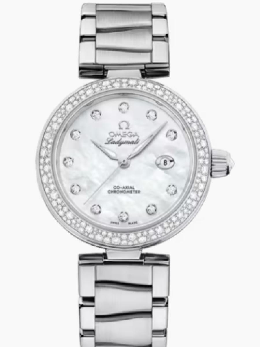 オメガ デ・ビル 425.35.34.20.55.002 ホワイトマザーオブパール Ladymatic マザーオブパール　ダイヤベゼル　ダイヤインデックス レディース　34mm　キャリバ﻿ー オメガ 852﻿0　パワーリザー﻿ブ 50時﻿間(新品未使用)