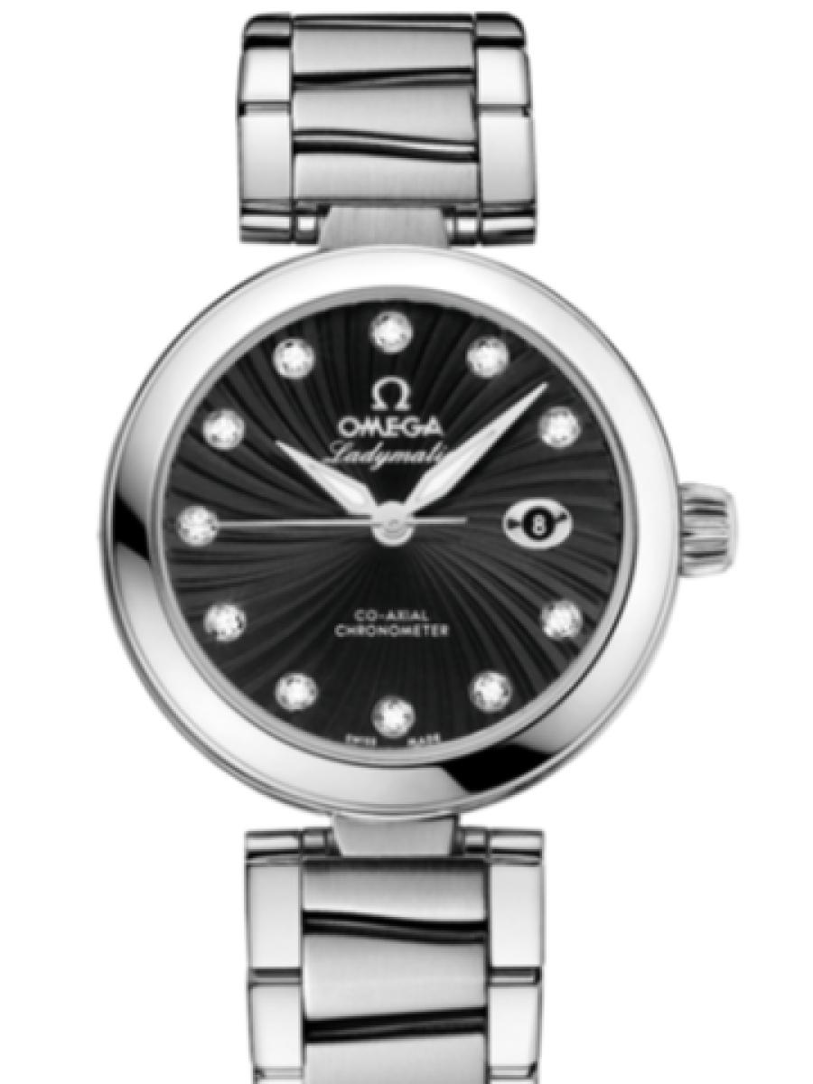 オメガ デ・ビル 425.30.34.20.51.001 ブラック Ladymatic ブラックダイヤル　ダイヤインデックス デイト表示 レディース　34mm　キャリバ﻿ー オメガ 852﻿0　パワーリザー﻿ブ 50時﻿間(新品未使用)