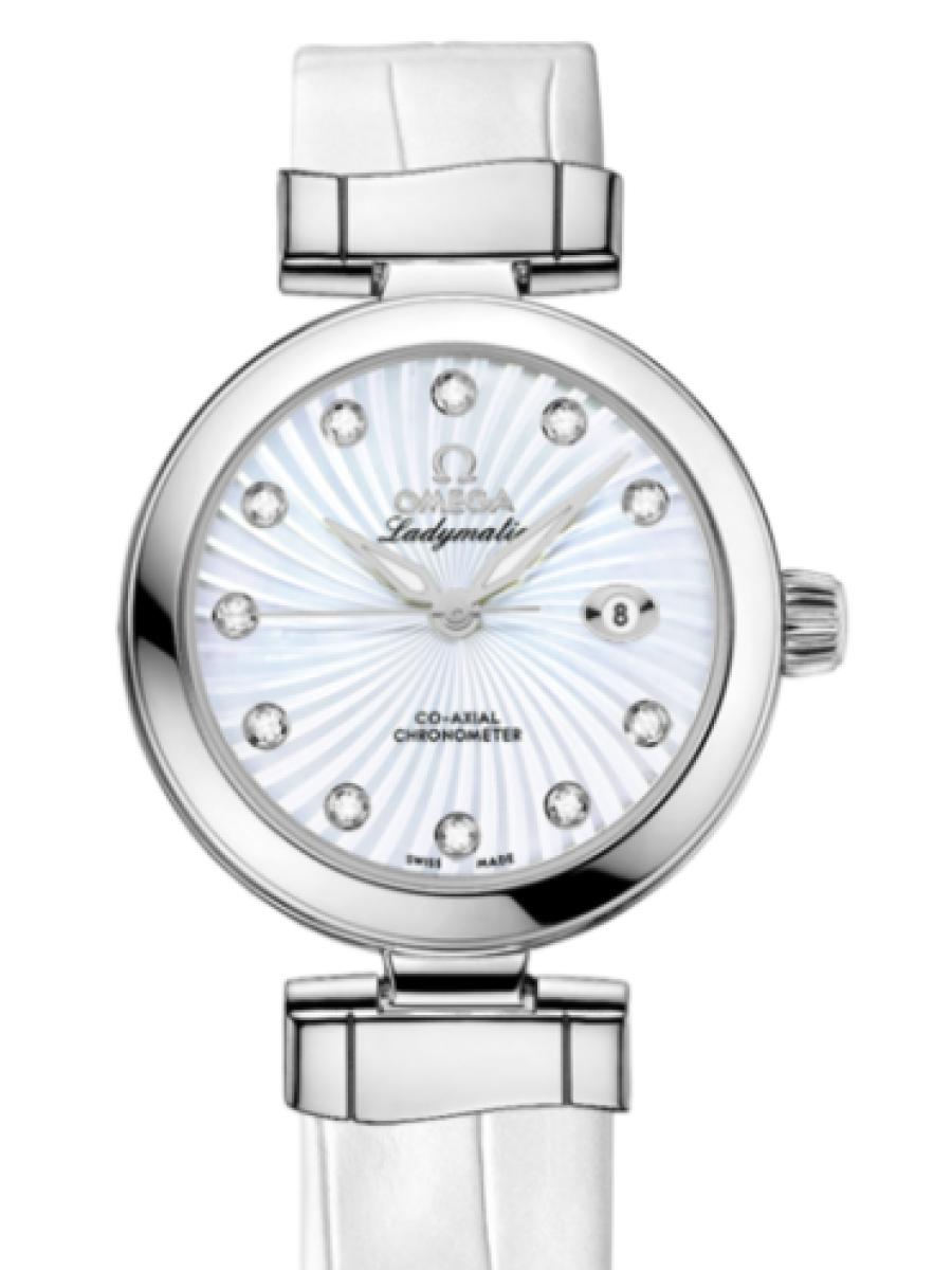 オメガ デ・ビル 425.33.34.20.55.001 ホワイト Ladymatic ホワイトシルバーダイヤル　ダイヤインデックス レディース　34mm　キャリバ﻿ー オメガ 852﻿0　パワーリザー﻿ブ 50時﻿間(新品未使用)
