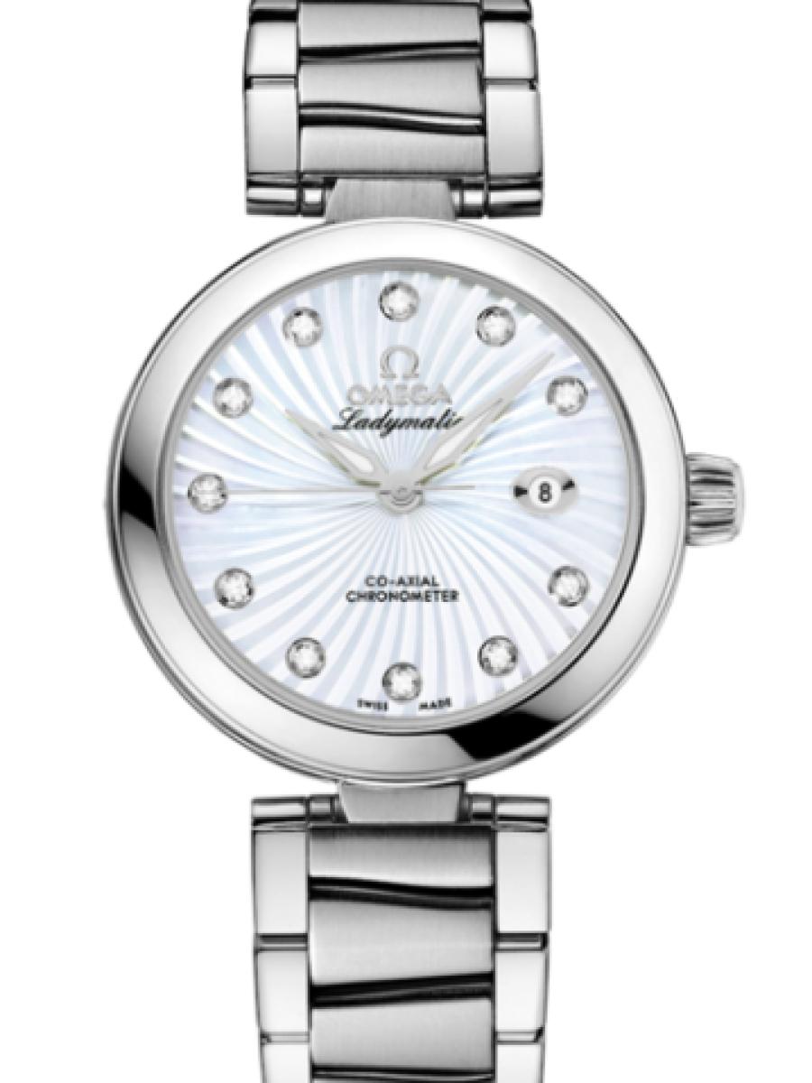 オメガ デ・ビル 425.30.34.20.55.001 ホワイト Ladymatic ホワイトシルバー　ダイヤインデックス レディース　34mm　キャリバ﻿ー オメガ 852﻿0　パワーリザー﻿ブ 50時﻿間(新品未使用)