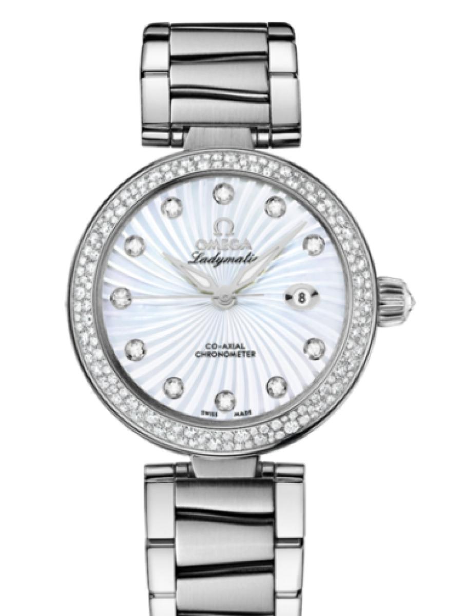 オメガ デ・ビル 425.35.34.20.55.001 ホワイト Ladymatic ダイヤベゼル　ダイヤインデックス　シルバーホワイト レディース　34mm　キャリバ﻿ー オメガ 852﻿0　パワーリザー﻿ブ 50時﻿間(新品未使用)