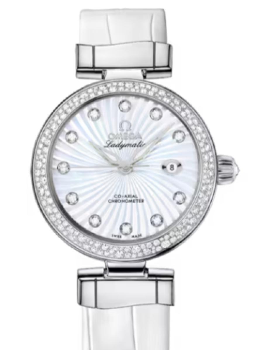 オメガ デ・ビル 425.38.34.20.55.001 ホワイト Ladymatic　シルバーホワイト　ダイヤインデックス　ダイヤベゼル レディース　34mm　キャリバ﻿ー オメガ 852﻿0　パワーリザー﻿ブ 50時﻿間(新品未使用)