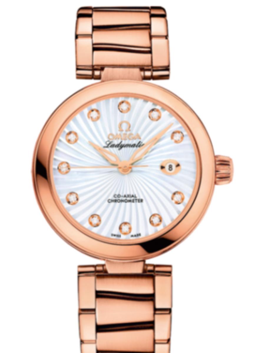 オメガ デ・ビル 425.60.34.20.55.001 ホワイト Ladymatic ダイヤインデックス　ホワイトシルバー レディース　34mm　キャリバ﻿ー オメガ 852﻿1　パワーリザー﻿ブ 50時﻿間(新品未使用)