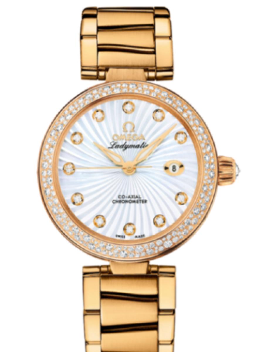 オメガ デ・ビル 425.65.34.20.55.002 ホワイト Ladymatic ホワイトシルバー　ダイヤインデックス　ダイヤベゼル レディース　34mm　キャリバ﻿ー オメガ 852﻿1　パワーリザー﻿ブ 50時﻿間(新品未使用)