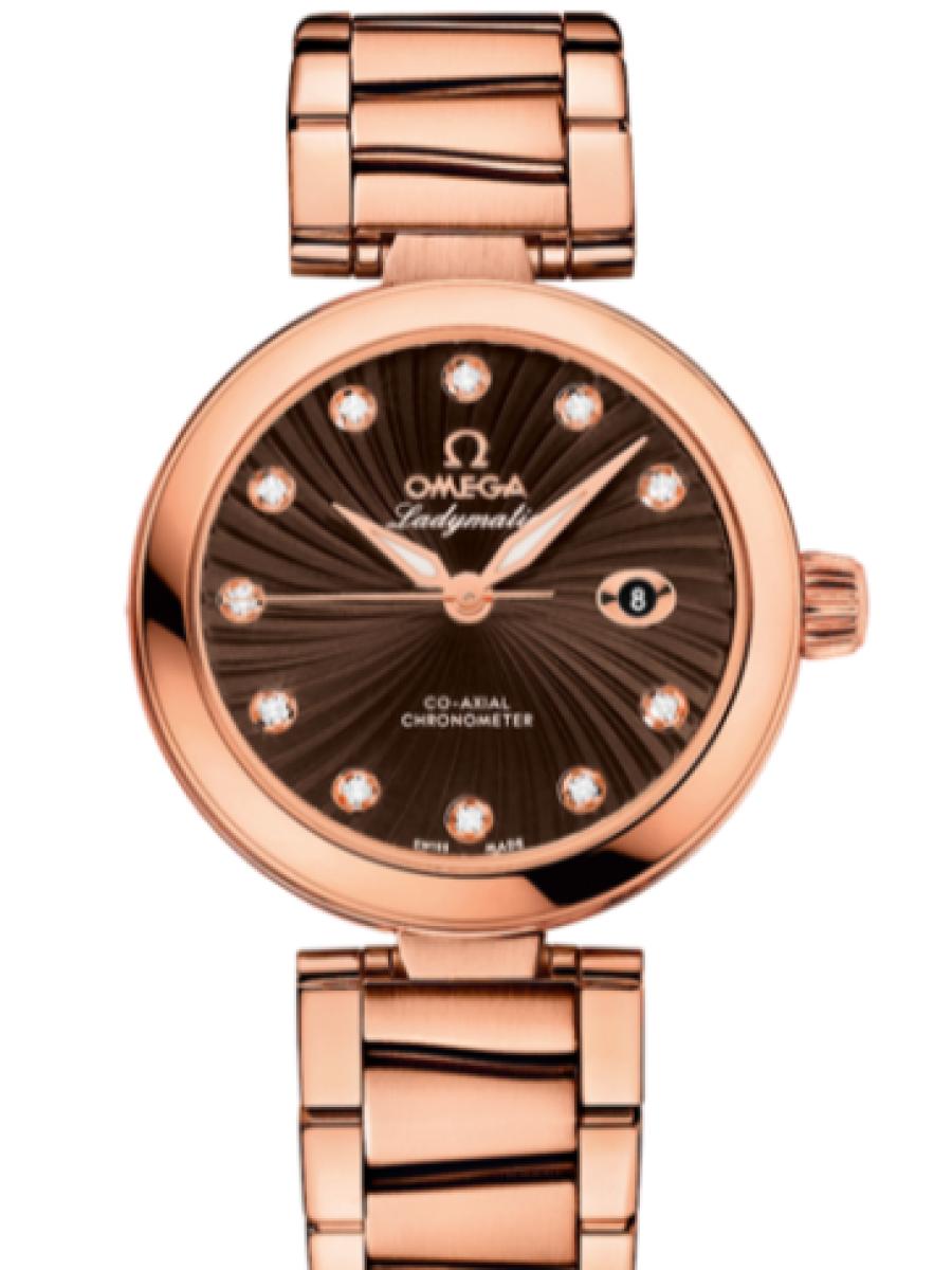 オメガ デ・ビル 425.60.34.20.63.001 ブラウン Ladymatic ブラウンダイヤル　ダイヤインデックス レディース　34mm　キャリバ﻿ー オメガ 852﻿1　パワーリザー﻿ブ 50時﻿間(新品未使用)