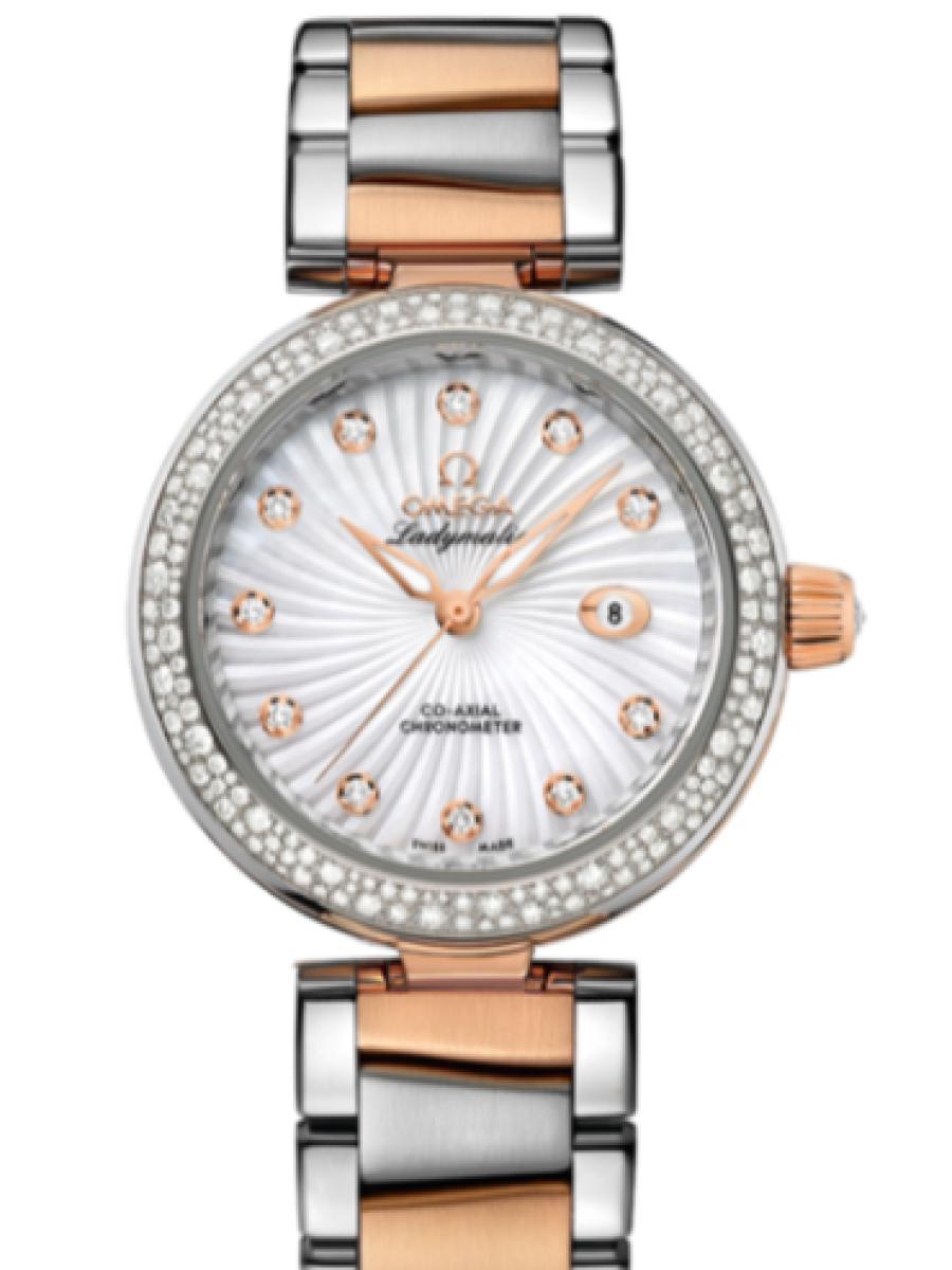オメガ デ・ビル 425.25.34.20.55.001 ホワイト Ladymatic シルバーダイヤル　ダイヤインデックス　ダイヤベゼル レディース　34mm　キャリバ﻿ー オメガ 852﻿0　パワーリザー﻿ブ 50時﻿間(新品未使用)