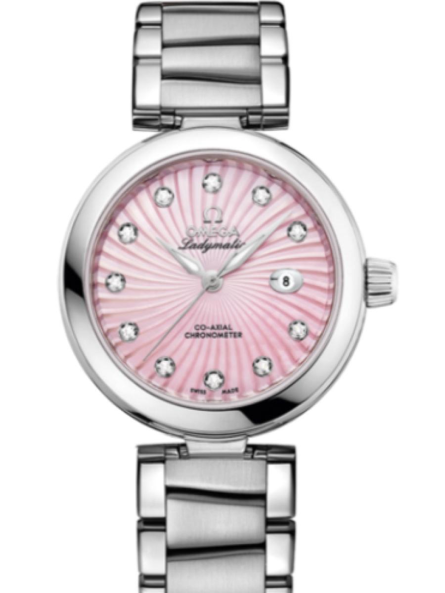 オメガ デ・ビル 425.30.34.20.57.001 ピンク Ladymatic ピンクダイヤル　ダイヤインデックス レディース　34ｍｍ　キャリバ﻿ー オメガ 852﻿0　パワーリザー﻿ブ 50時﻿間(新品未使用)
