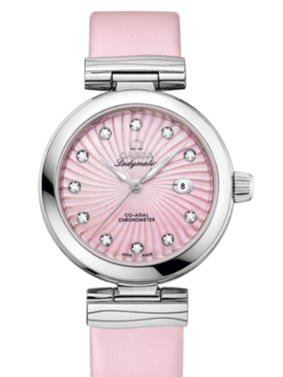 オメガ デ・ビル 425.32.34.20.57.001 ピンク Ladymatic　ピンクダイヤル　ダイヤインデックス レディース　34mm　キャリバ﻿ー オメガ 852﻿0　パワーリザー﻿ブ 50時﻿間(新品未使用)