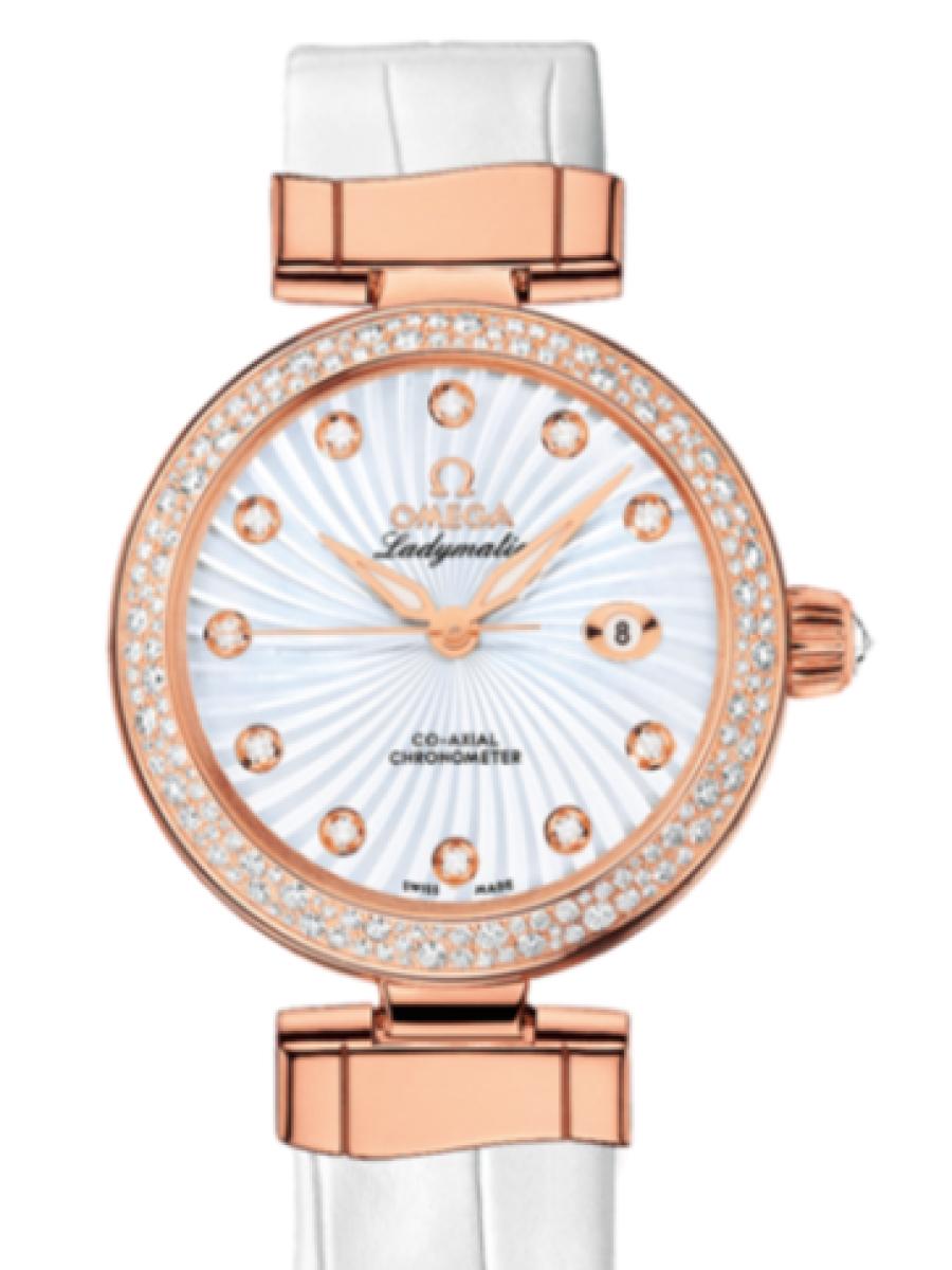 オメガ デ・ビル 425.68.34.20.55.004 ホワイト Ladymatic ホワイトシルバー　ダイヤインデックス　ダイヤベゼル レディース　34mm　キャリバ﻿ー オメガ 852﻿1　パワーリザー﻿ブ 50時﻿間　アリゲーターベルト(新品未使用)