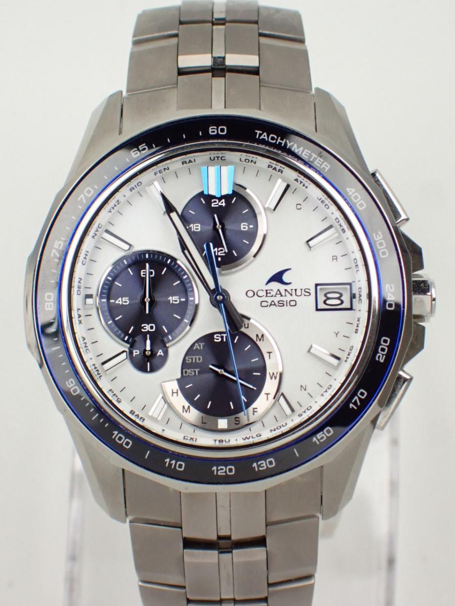 カシオ オシアナス OCW-S7000D-7AJF ホワイト、ブルー 42.8mm、サファイアガラスベゼル、ワールドタイム(A※中古、小傷有り)